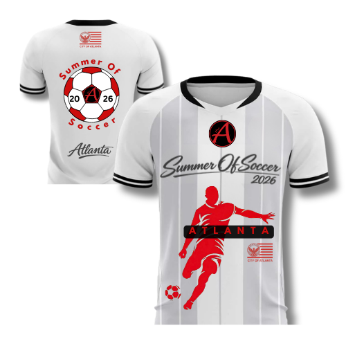 Custom White Classic Striped Jersey - Red & Black Soccer Ball Design - ATLANTA