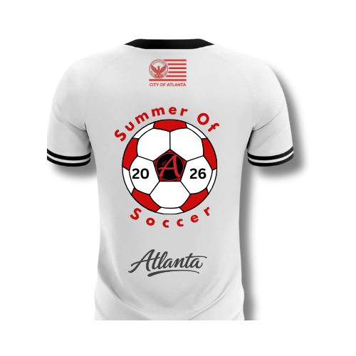 Custom White Classic Striped Jersey - Red & Black Soccer Ball Design - ATLANTA